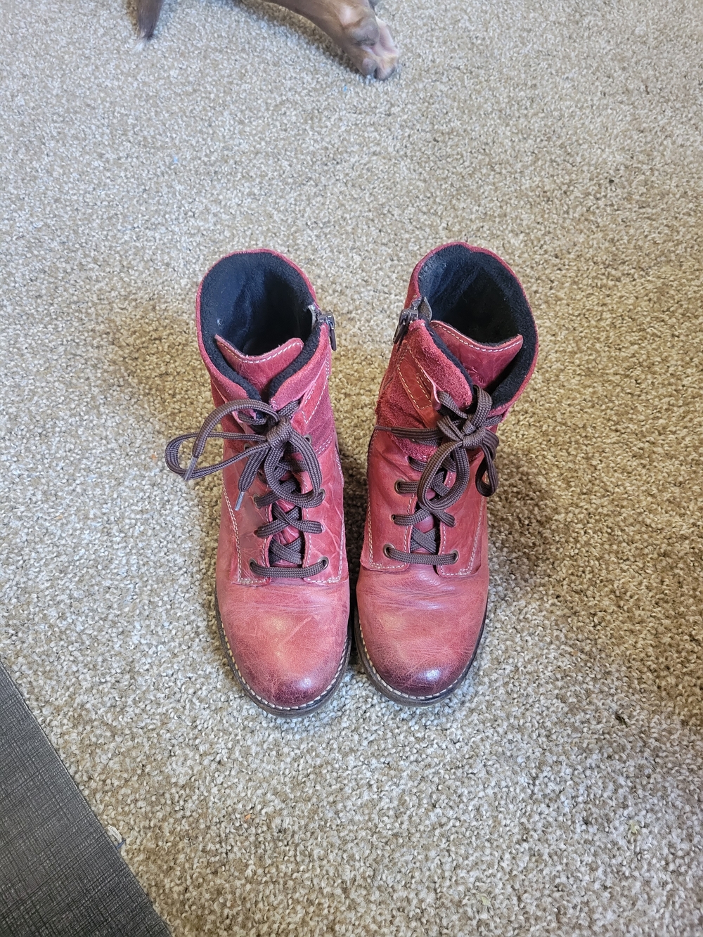Dromedaris Burgundy Leather Combat Boots Lace Up Side Zip Lug Sole Comfort